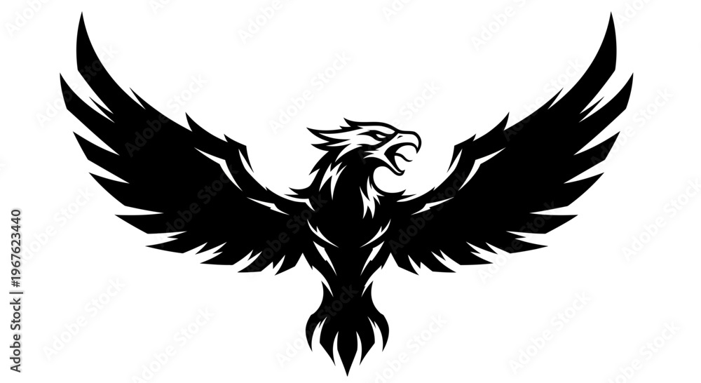 Obraz premium Black Phoenix Bird Silhouette with Wings Spread Wide, Emblematic and Mythical Creature
