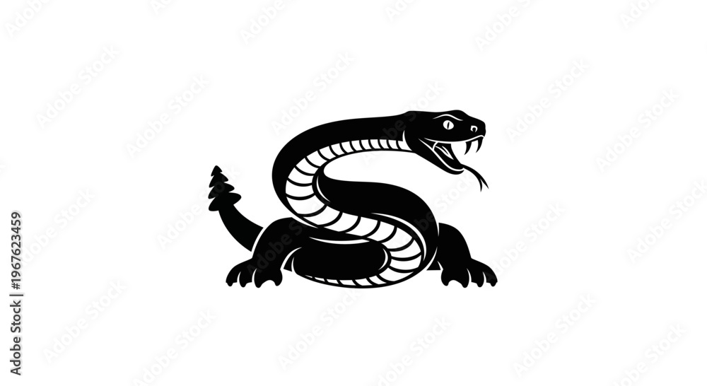 Fototapeta premium Black Serpent with Legs and Spikes, Stylized Mythical Creature, S-Shaped Body