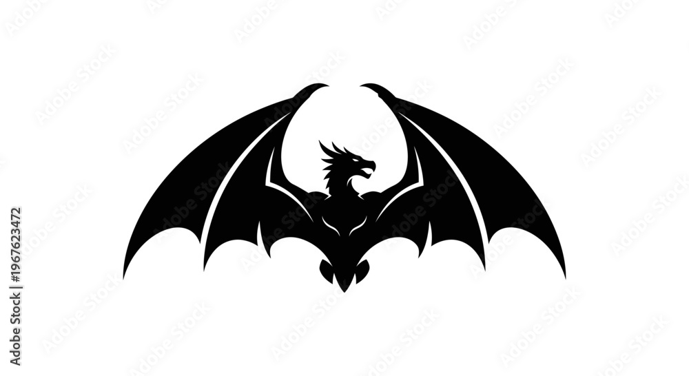 Fototapeta premium Black Silhouette Dragon with Spreading Wings, Mythical Creature Emblem