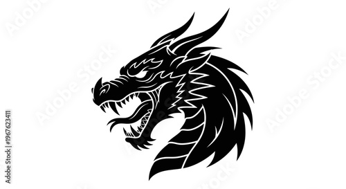 Black Dragon Head Silhouette, Fierce Mythical Creature, Tribal Tattoo Design
