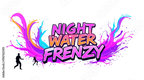 Night Water Frenzy Bold Graphic Design with Colorful Splashes and Silhouettes