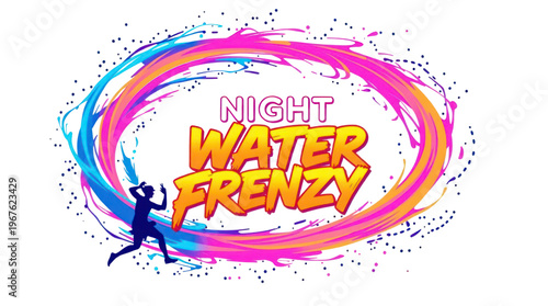 Water Night Frenzy Event Graphic with Vibrant Colorful Liquid Splashes and a Running Person Silhouette