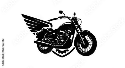 Black motorcycle with wings emblem, vintage chopper style, emblem with gear and shield