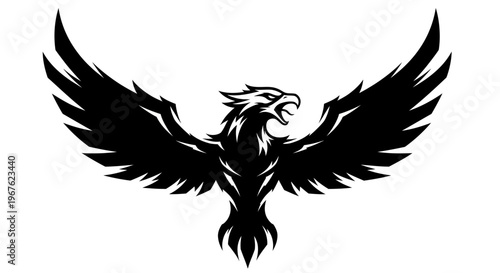 Black Phoenix Bird Silhouette with Wings Spread Wide, Emblematic and Mythical Creature