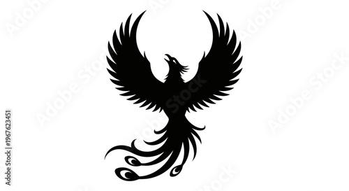 Black Phoenix Silhouette Rising with Fiery Tail Feathers