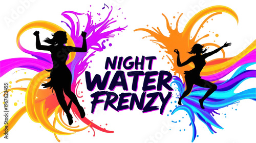 Water Party with Dynamic Dancing Silhouettes and Vibrant Neon Liquid Splashes