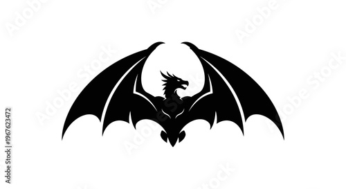 Black Silhouette Dragon with Spreading Wings, Mythical Creature Emblem