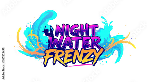 Night Water Frenzy Event Logo with Dancing Silhouettes and Vibrant Splashes