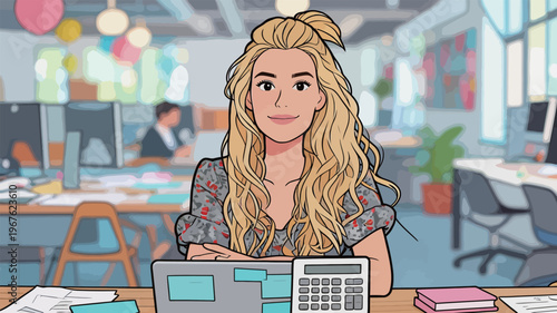 Young woman working at desk with calculator in office during daytime while coworkers are visible in background