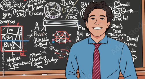 Young man stands in front of blackboard filled with writing and symbols while smiling in a classroom setting during a weekday afternoon
