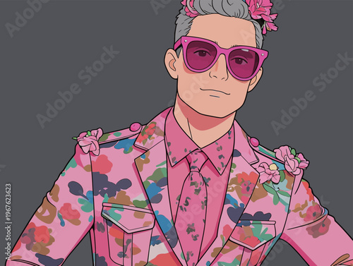 Man wears colorful suit with flowers and sunglasses at an event during daytime in an urban setting