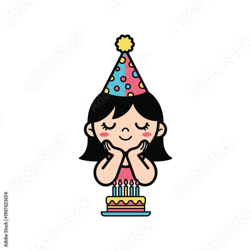 Cute cartoon girl wearing party hat blowing out candles on birthday cake dreaming wishing with closed eyes and rosy cheeks.