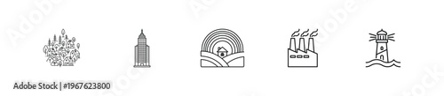 Diverse cityscape elements vector collection representing village skyscraper farm factory lighthouse symbols of different environments.