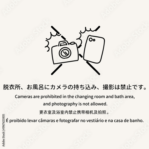 脱衣所・お風呂での撮影禁止 多言語案内 温泉 銭湯 Cameras prohibited in the changing room and bath area multilingual warning