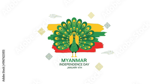 Vibrant illustration of a peacock on Myanmar Independence Day logo with green, yellow, and red colors.
