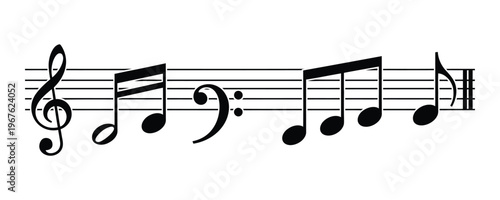 Musical notes on staff treble clef bass clef eighth notes sixteenth notes music composition rhythm notation symbol for melody and harmony performance symphony orchestra.