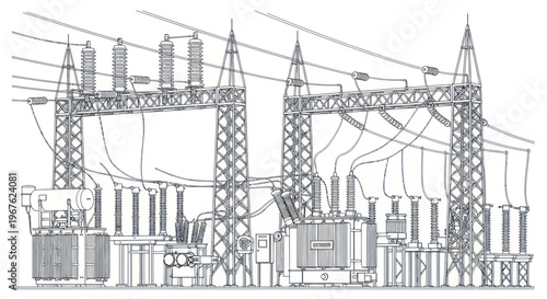 Electrical Substation Blueprint: Power Grid Infrastructure, Energy Transmission Lines, Transformers