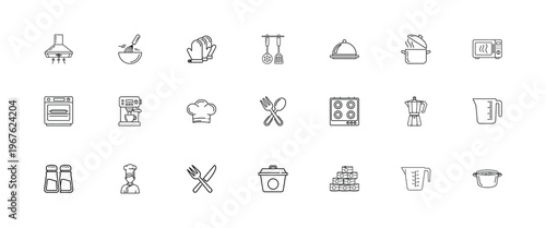 Set of kitchen outline icons showing cooking utensils appliances and equipment like oven stove microwave chef hat.