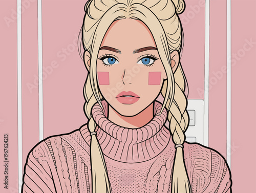 Young woman with braided hair and bright blue eyes wearing a pink sweater with light pink cheeks in a simple background