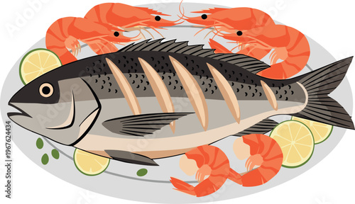 A plate of seafood featuring a sliced fish and shrimp with lemon slices