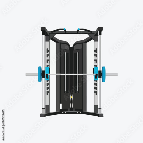 Modern Smith machine with barbell and weight plates, essential gym equipment for strength training and fitness workouts