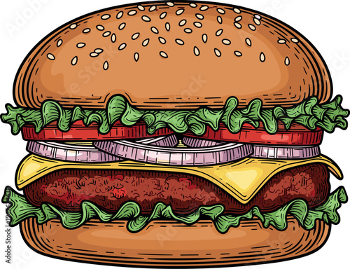 A delicious cheeseburger with lettuce, tomato, and onion on a sesame seed bun