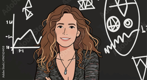 Young woman stands in front of blackboard filled with charts and diagrams while smiling