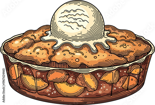 A warm and inviting illustration of a pie with a scoop of vanilla ice cream on top