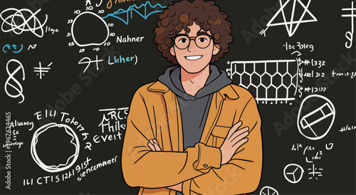 Young person with curly hair stands confidently against a blackboard filled with math and science symbols in a classroom setting