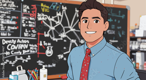 Young man stands in a lab with a blackboard filled with scientific drawings and notes about chemistry at a university in the afternoon
