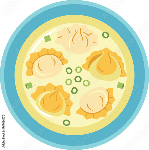 A bowl of wonton soup with dumplings and vegetables in broth