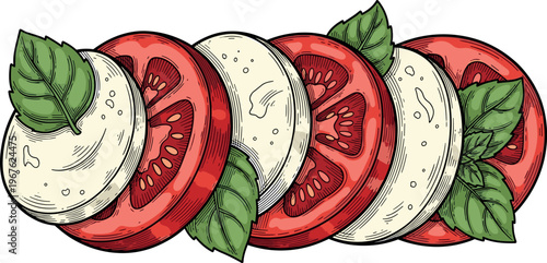 A colorful illustration of sliced tomatoes and mozzarella cheese with basil leaves