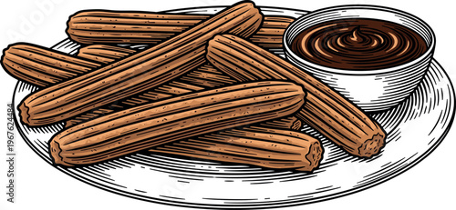 A plate of crispy churros served with a side of chocolate sauce