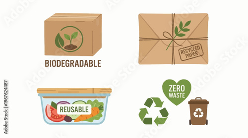 Eco packaging icon sheet, biodegradable box, paper wrap, reusable container, zero waste symbols, flat colorful vector, white background