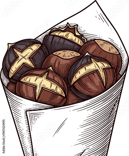 A paper cone filled with roasted chestnuts on a plain background
