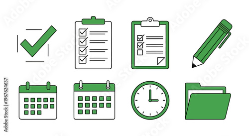 Office Supplies and Stationery Icons Set.