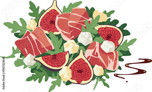 A vibrant arrangement of cured meat and fresh figs on a bed of arugula