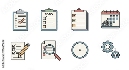 Office Supplies and Stationery Icons Set.