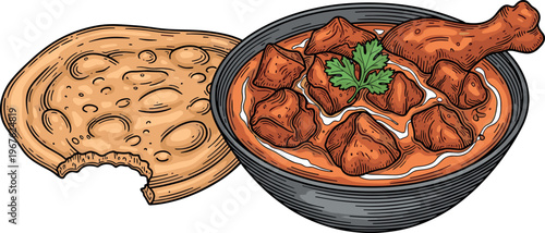 A delicious serving of chicken curry with naan bread on the side