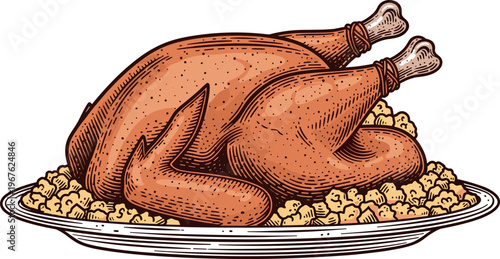 A roasted turkey on a bed of stuffing on a platter