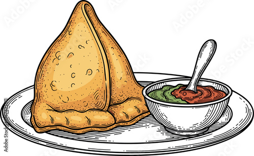 A delicious samosa served with a side of fresh chutney
