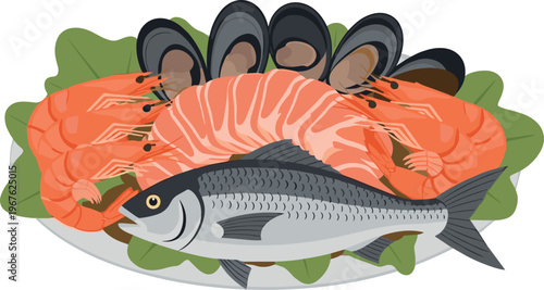 A plate of fresh seafood including fish shrimp and mussels