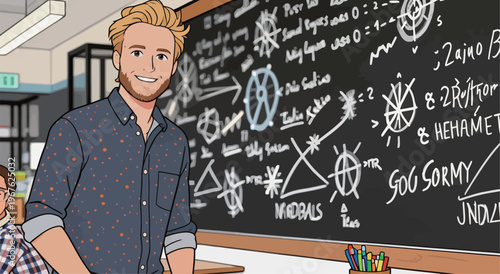 Teacher stands in classroom with chalkboard full of drawings and notes during a lesson on a weekday