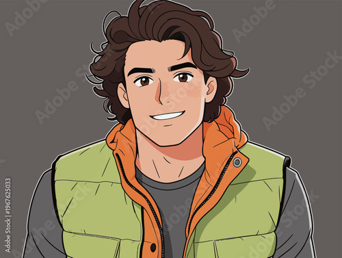Young man with curly hair wears a green and orange vest, smiling at the viewer in a simple digital art style