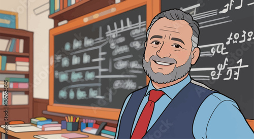 Teacher smiles in front of chalkboard with music notes in classroom during school hours in educational setting