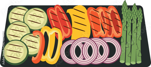 A vibrant assortment of grilled vegetables on a black cutting board