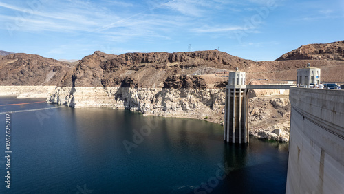 Hoover Boulder Dam in Nevada and Arizona looking at the water intake towers that take water in to the penstocks to the generators to make electricity hydropower and hydroelectric energy