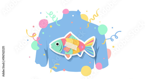 April Mop Celebration of April Fools Day with a playful fish design on a blue background with confetti