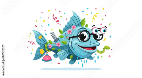 A Playful Fish with Glasses and a Snake, Celebrating April Mop and April Fools Day with Confetti and Fun, A Whimsical Illustration for the Celebration