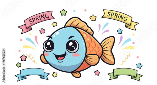 A Cute Cartoon Fish Celebrating April Mop, April Fools Day, and Spring Celebration with Confetti and Ribbons